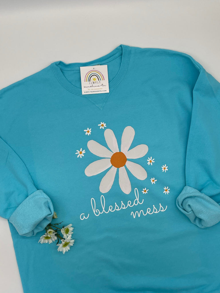 "A Blessed Mess" Crewneck Turquoise Blue Sweatshirt